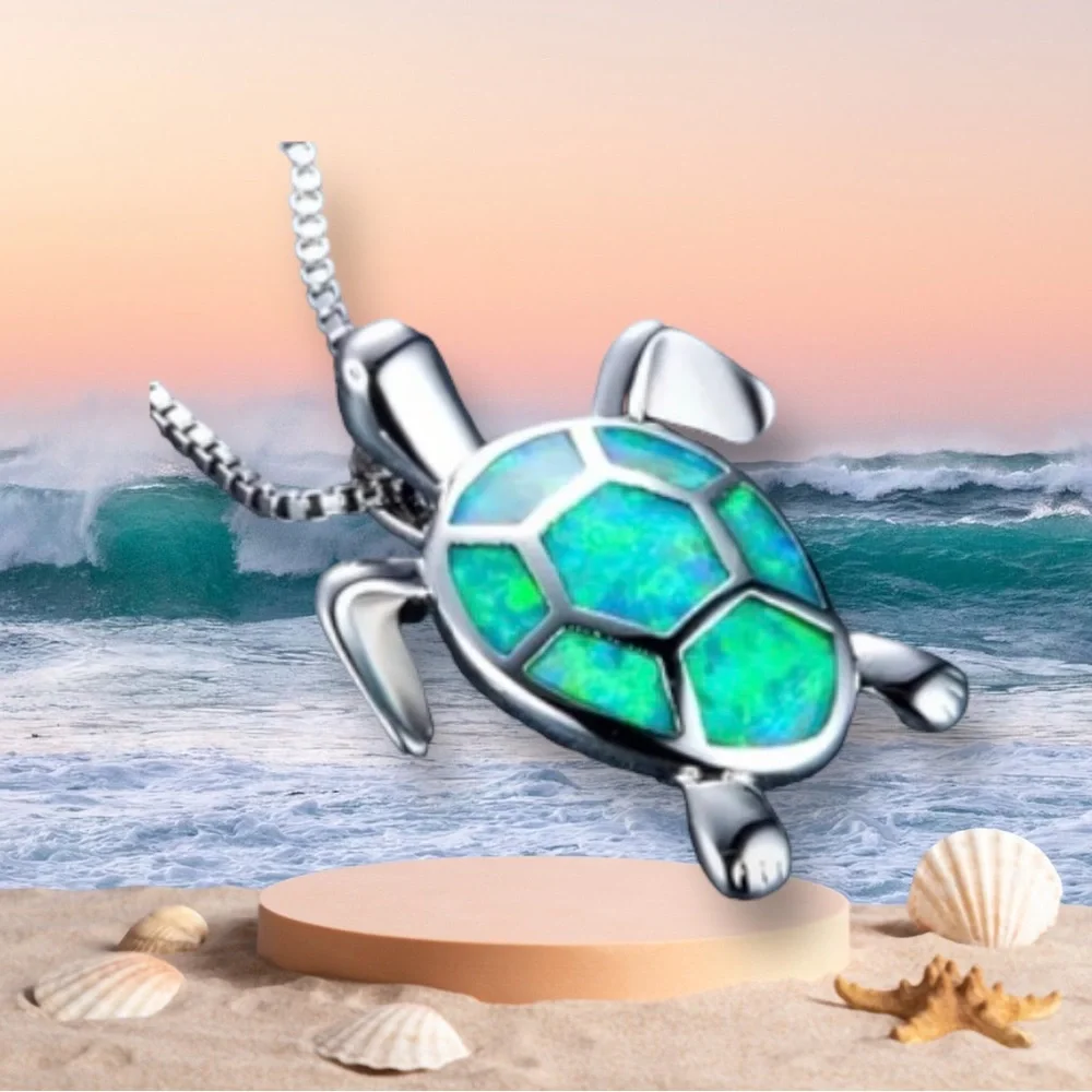 Bohemian Fire Opal Necklace “Blue, White & Green Large Tortoise” - Picture 2 of 5